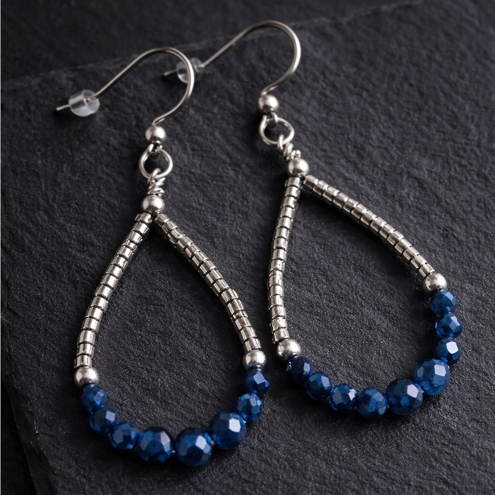 Handmade wire wrapped teardrop hoop earrings stainless steel & sapphire quartz